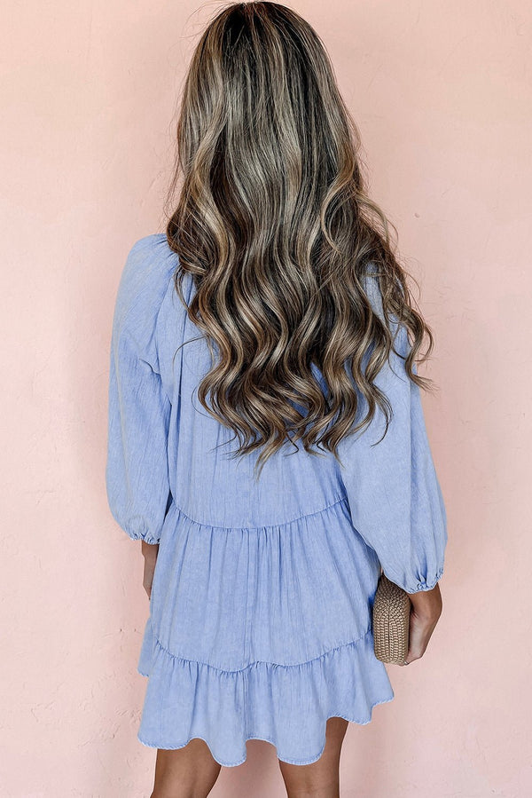 Beau Blue Puff Sleeve V Neck Tiered Ruffled Chambray Mini Dress - Haven of Happiness