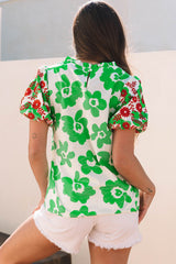 Green Contrast Embroidered Puff Short Sleeve Floral Blouse - Haven of Happiness