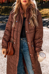 Coffee Quilted Puffer Stand Neck Zipped Mid - length Coat - Haven of Happiness