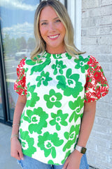 Green Contrast Embroidered Puff Short Sleeve Floral Blouse - Haven of Happiness