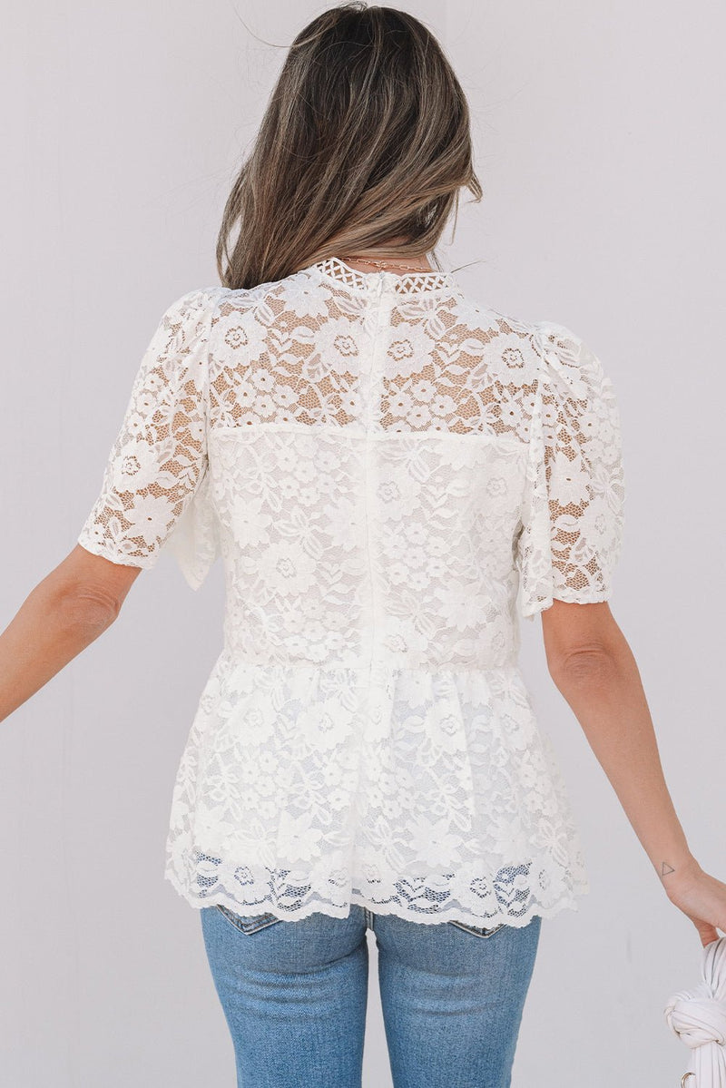 White Short Sleeve Scalloped Floral Lace Peplum Blouse - Haven of Happiness