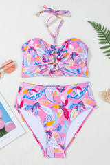 Pink Floral Printed Halter Neck High Waist Bikini