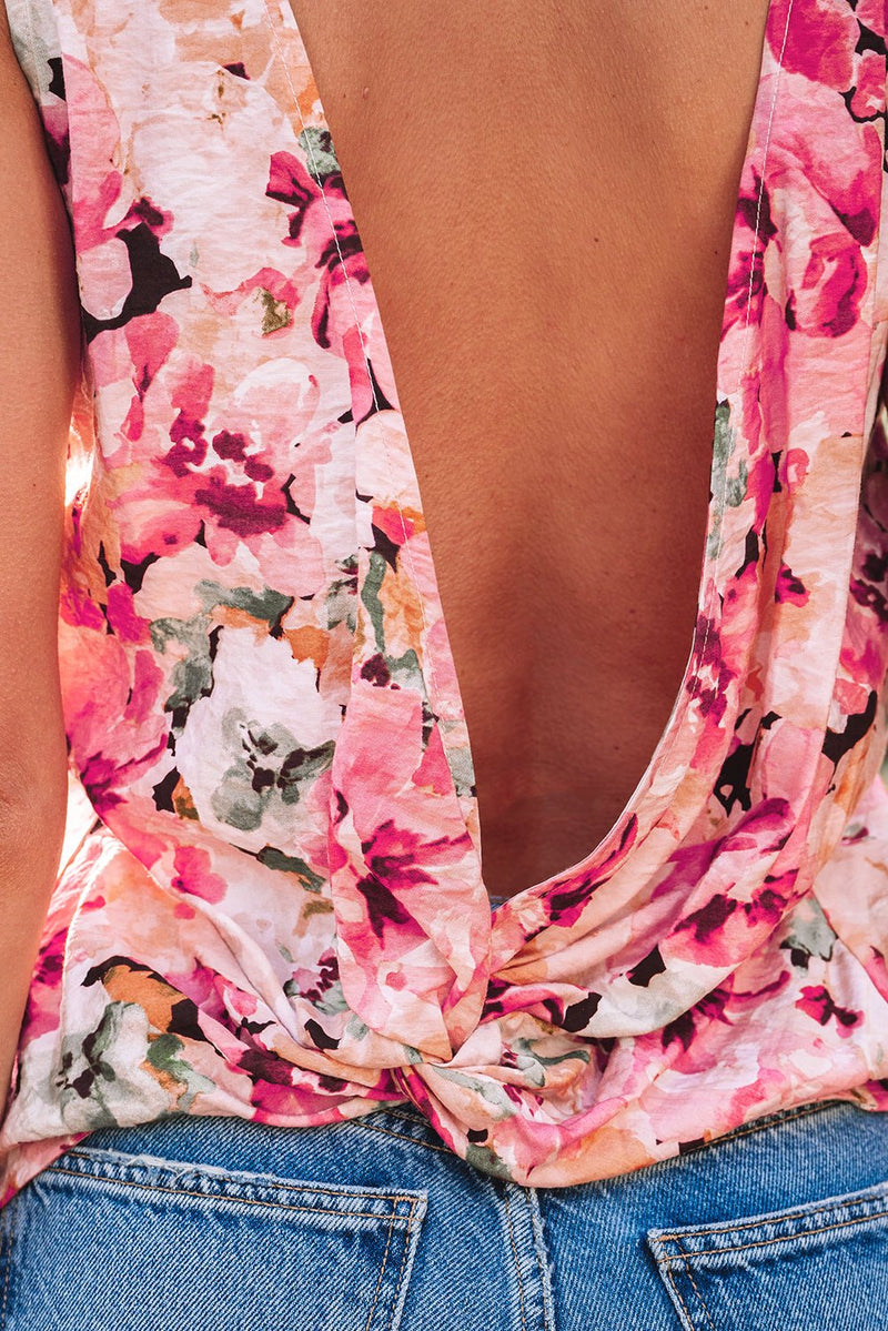 Pink Floral Round Neck Twisted Cut Out Back Tank Top - Haven of Happiness