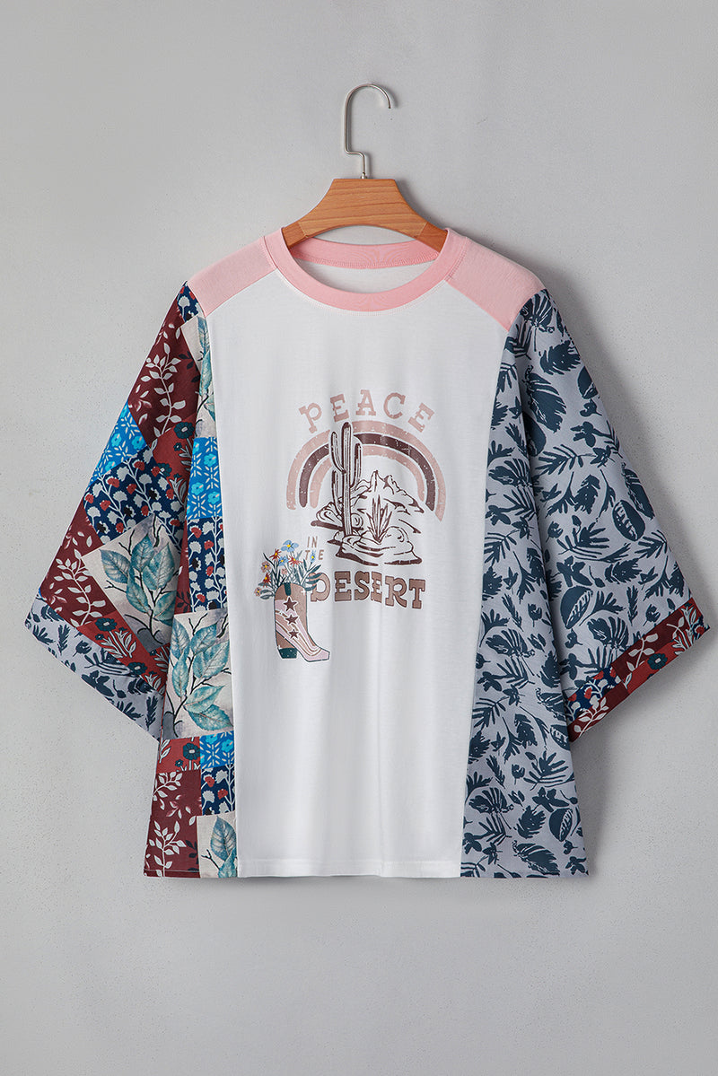 Multicolour Asymmetric Printed Patchwork Sleeve Peace Desert Graphic Top