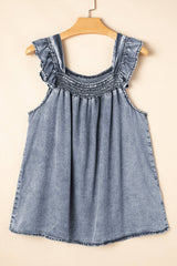 Ashleigh Blue Ruffled Shirred Neckline Sleeveless Denim Tank Top - Haven of Happiness