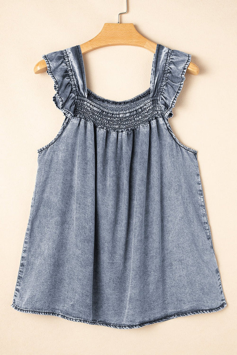 Ashleigh Blue Ruffled Shirred Neckline Sleeveless Denim Tank Top - Haven of Happiness