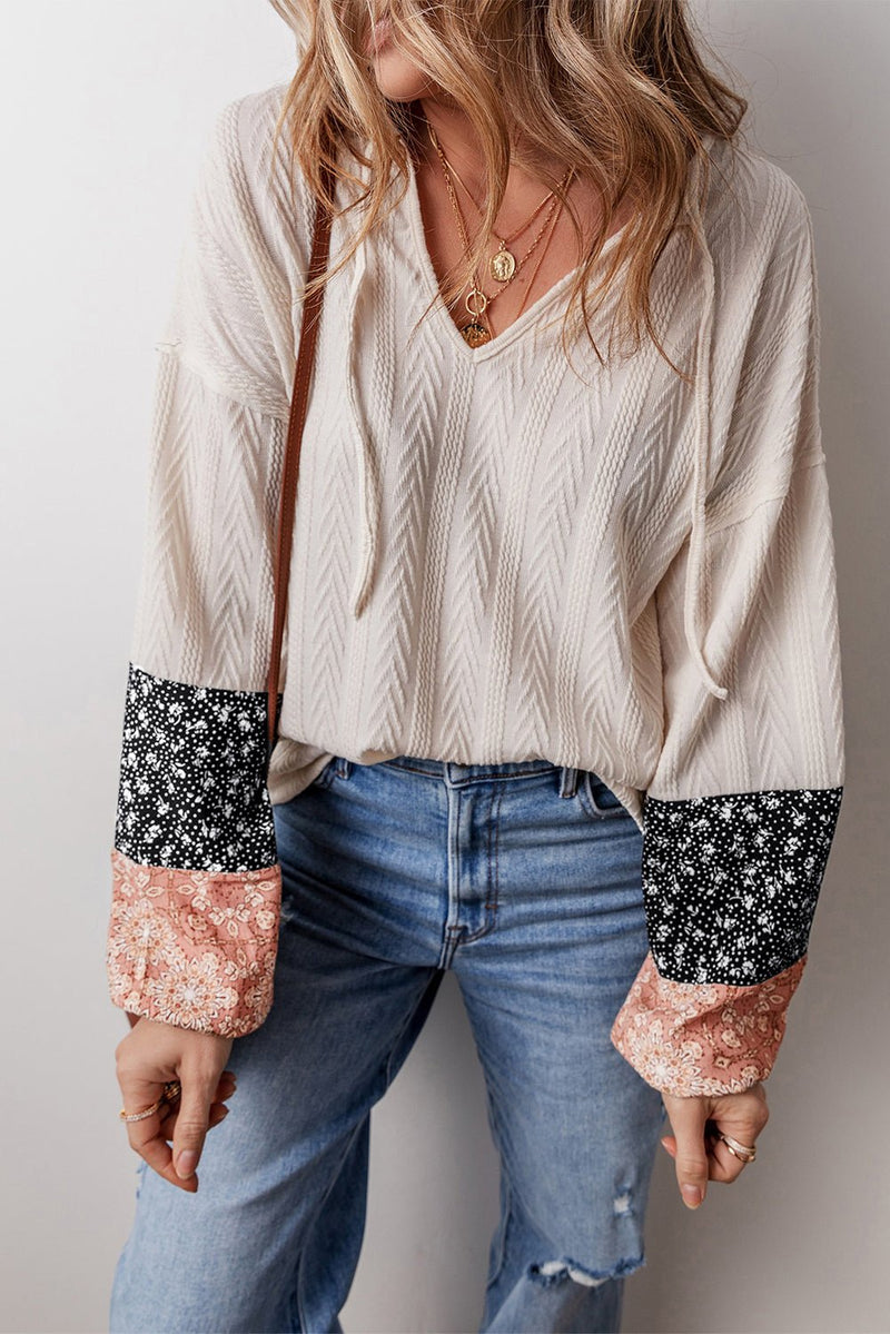 Beige Floral Patchwork Textured Knit Drawstring V Neck Blouse - Haven of Happiness