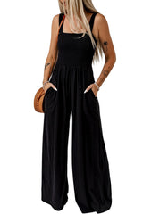 Black Smocked Sleeveless Wide Leg Jumpsuit with Pockets - Haven of Happiness