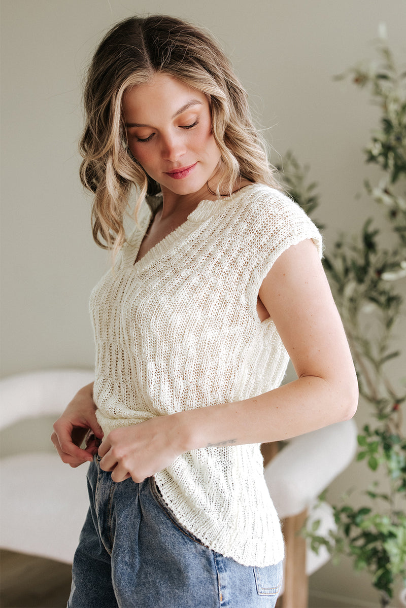 Beige Notched V Neck Short Sleeve Sweater