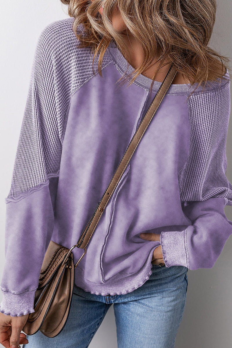 Orchid Petal Solid Waffle Knit Patchwork Raglan Sleeve Sweatshirt - Haven of Happiness