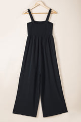 Black Smocked Sleeveless Wide Leg Jumpsuit with Pockets - Haven of Happiness