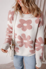 White Textured Flower Drop Shoulder Loose Sweater