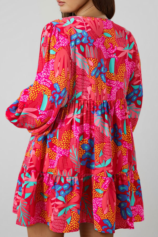 Rose Tropical Printed Lantern Sleeve V Neck Ruffled Plus Size Mini Dress - Haven of Happiness