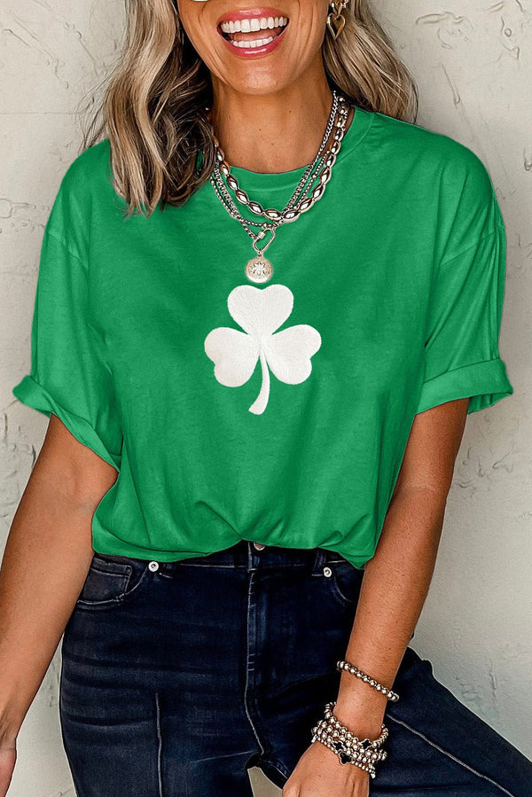 Bright Green Embroidered Clover Pattern St Patrick Tee - Haven of Happiness