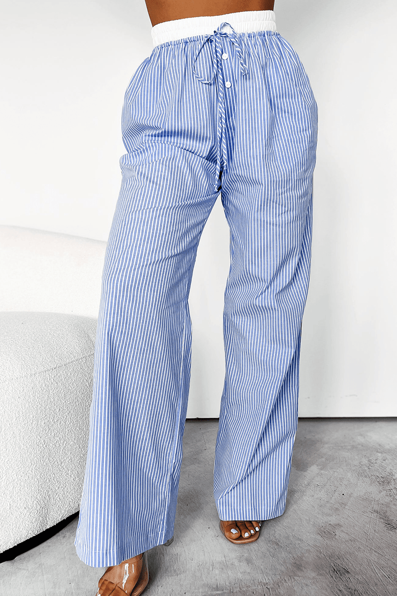 Sky Blue Stripe Wide Leg Buttoned Lace up Elastic High Waist Pants - Haven of Happiness