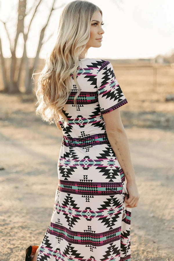 Beige Western Aztec Printed Long T-shirt Dress - Haven of Happiness