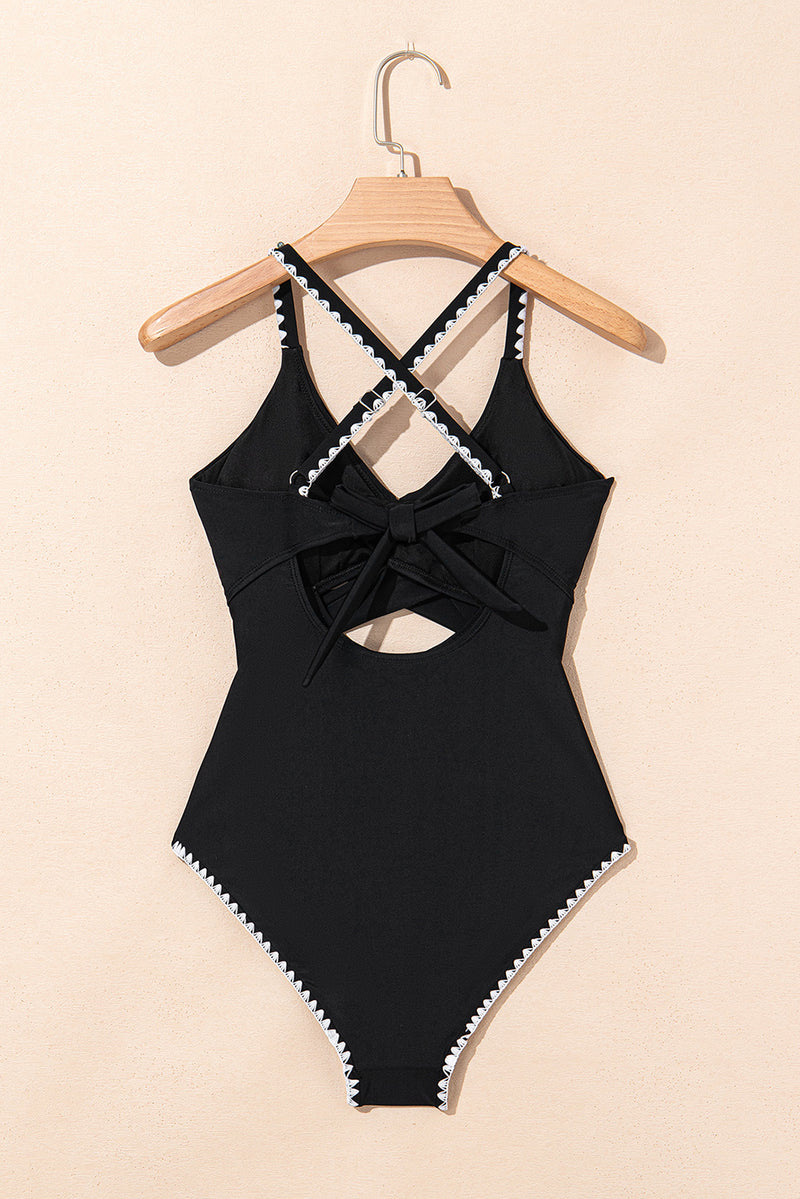 Black Ric Rac Trim Contrasted Patchwork Cutout One Piece Swimsuit