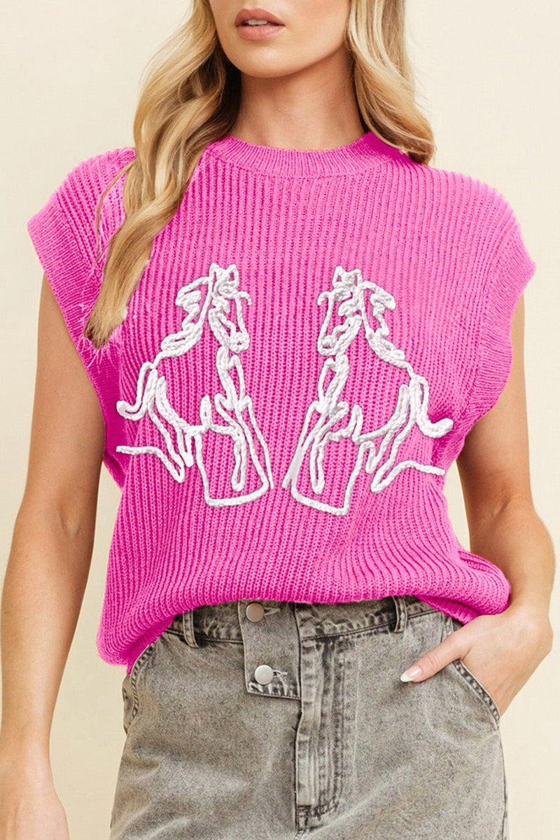 Bright Pink Western Horse Embroidered Round Neck Sweater Tee - Haven of Happiness