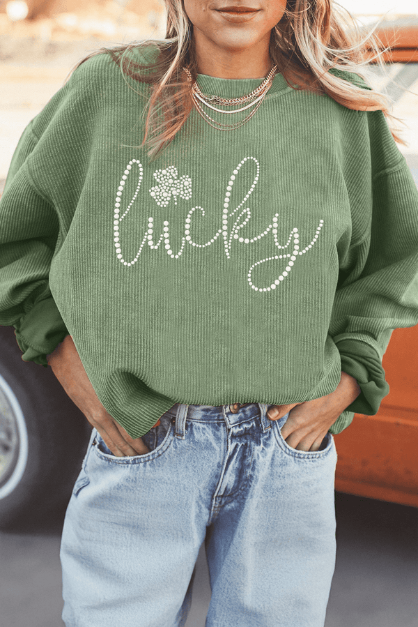 Grass Green Rhinestone lucky Clover Graphic Ribbed St Patrick Sweatshirt - Haven of Happiness