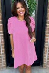 Bright Pink Corded Knit Crew Neck Puff Sleeve Shift Mini Dress