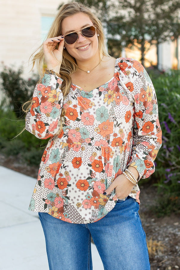 Khaki Plus Size Flower Print Square Neck Peplum Blouse - Haven of Happiness