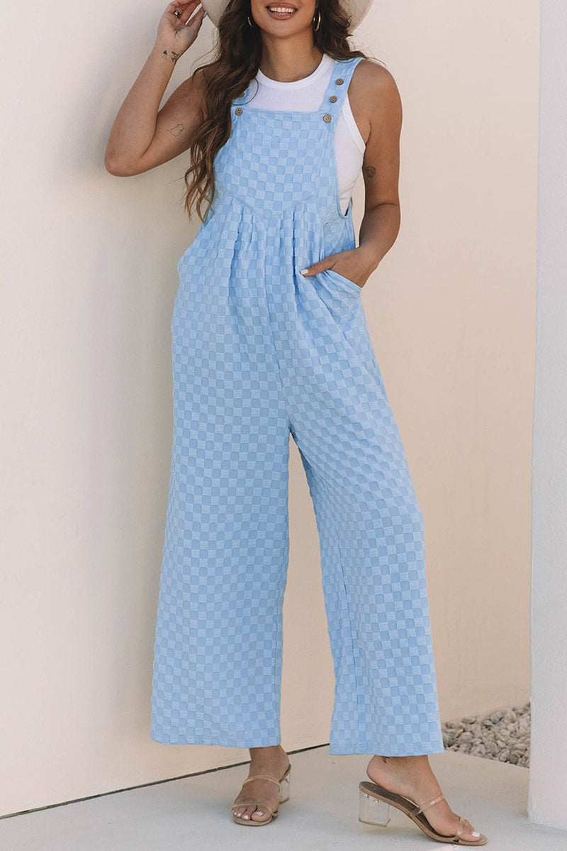 Beau Blue Checkered Pocketed High Waist Wide Leg Overall - Haven of Happiness