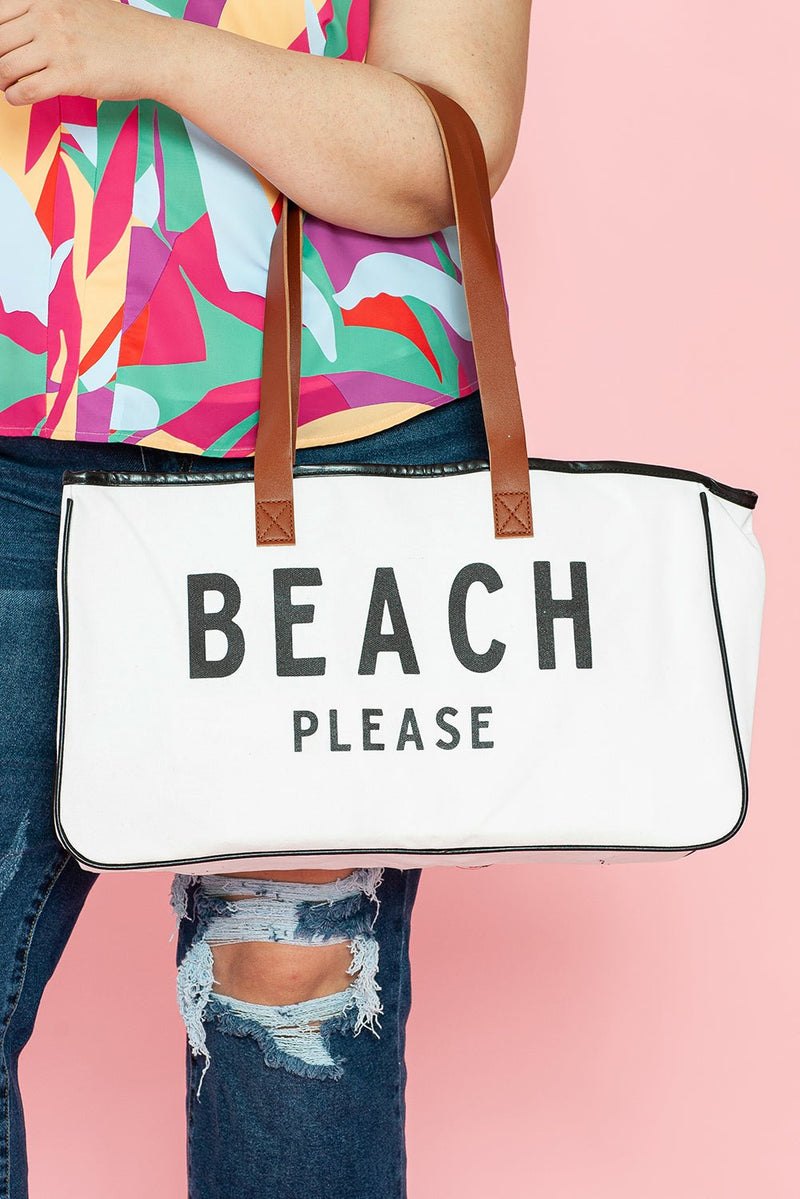 White BEACH PLEASE Print Large Canvas Tote Bag - Haven of Happiness