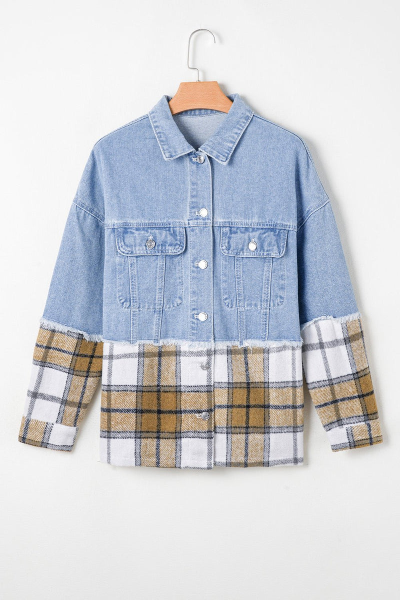 Khaki Plaid Patchwork Buttoned Oversized Denim Jacket - Haven of Happiness