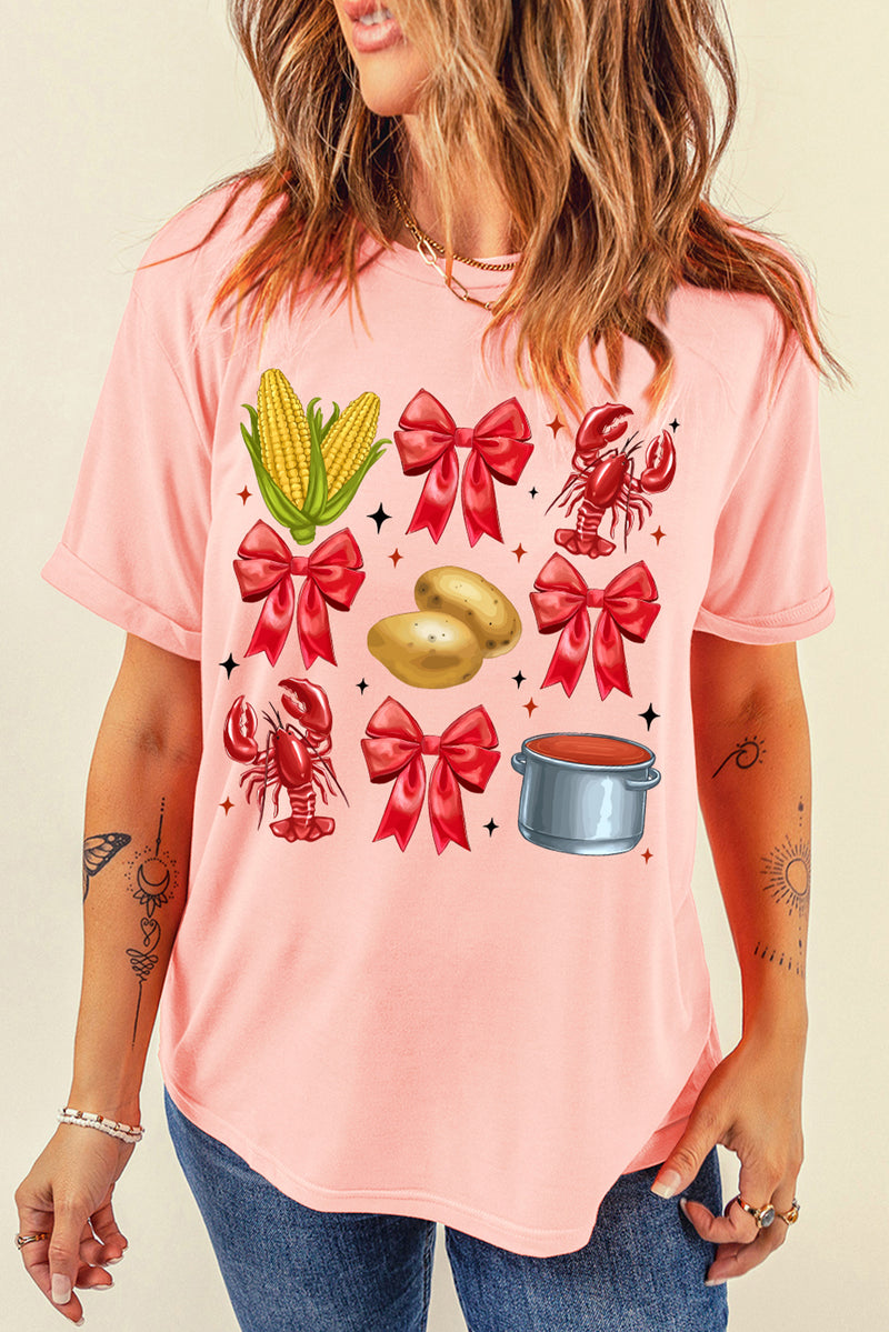 Pink Summer Food Bow Crawfish Printed T Shirt