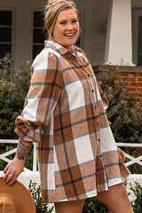 Khaki Plus Size Plaid Flounce Sleeve Button up Shirt Dress - Haven of Happiness