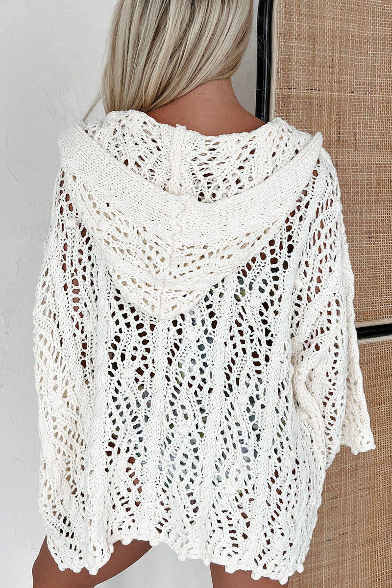 White Fashion Open Knit Hooded Beach Cover Up - Haven of Happiness