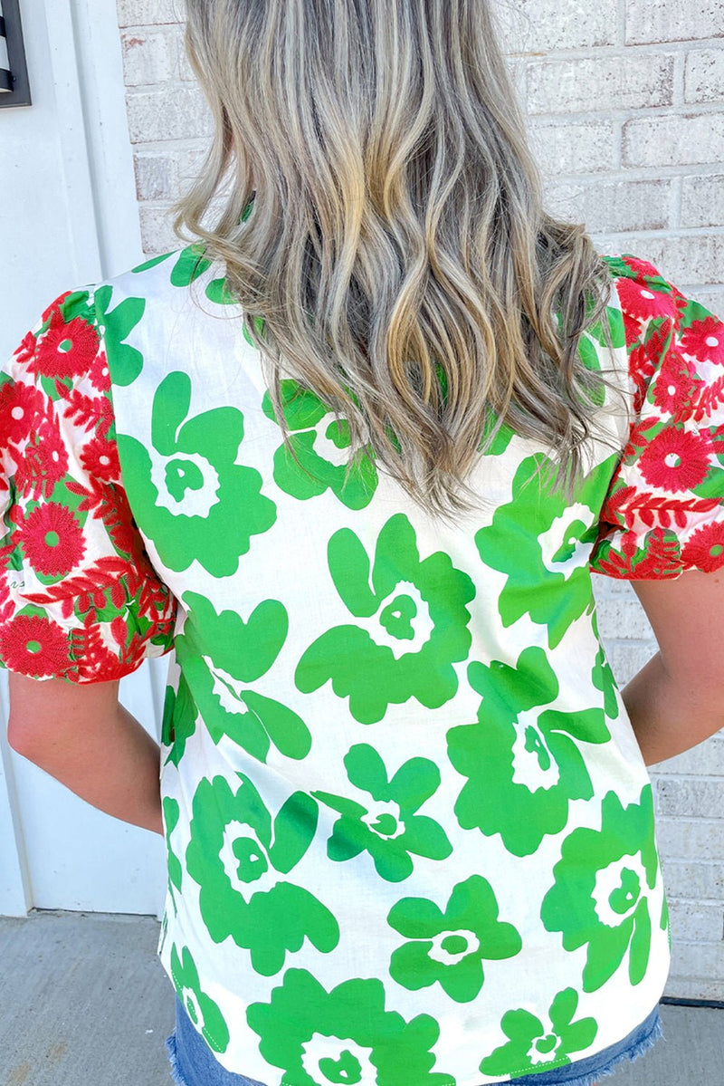 Green Contrast Embroidered Puff Short Sleeve Floral Blouse - Haven of Happiness