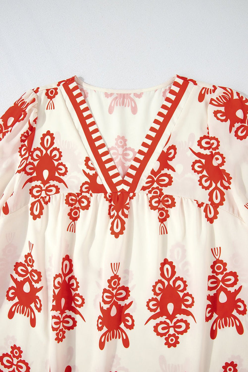 Orange Vintage Geometric Printed 3/4 Sleeve V Neck Blouse - Haven of Happiness