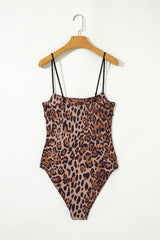 Brown Spaghetti Straps Ruched Leopard Bodysuit