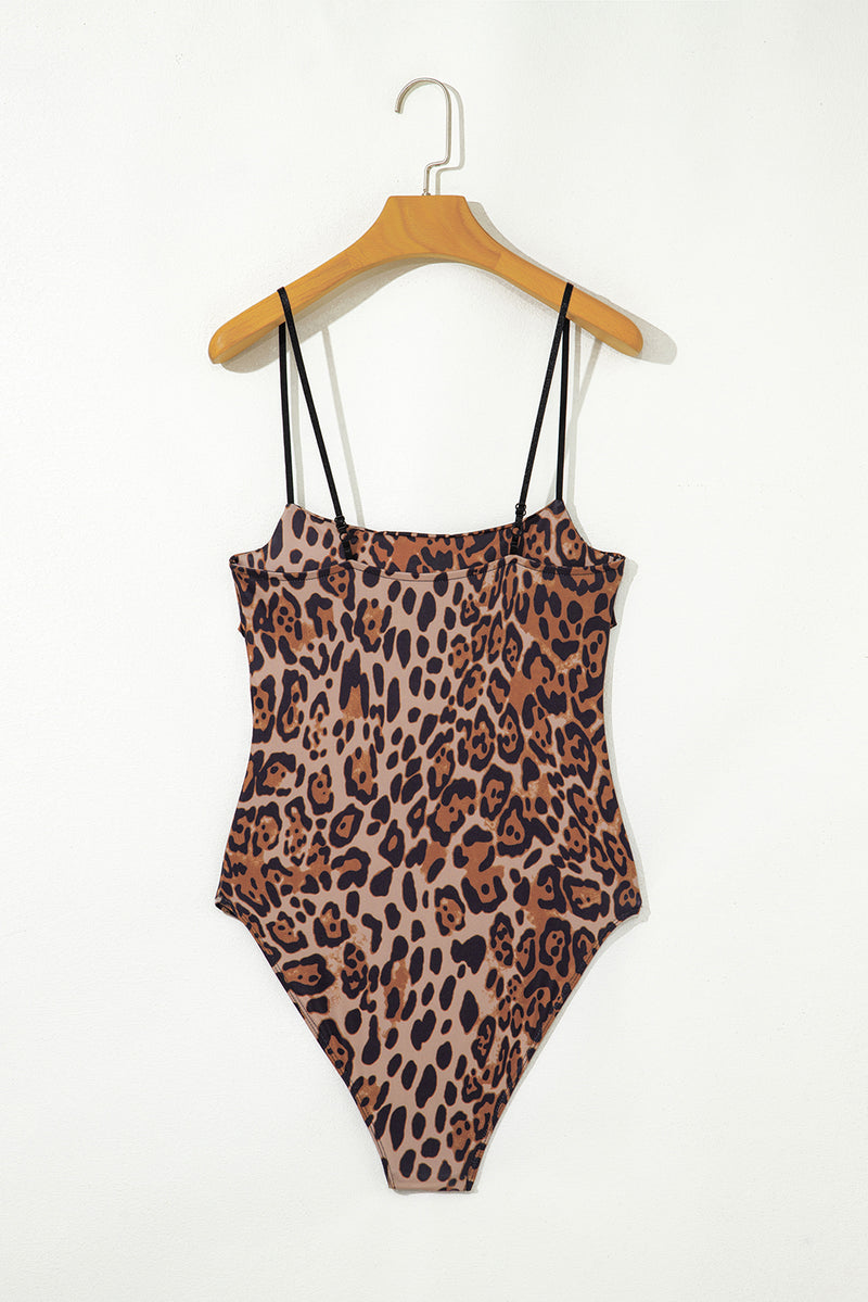 Brown Spaghetti Straps Ruched Leopard Bodysuit