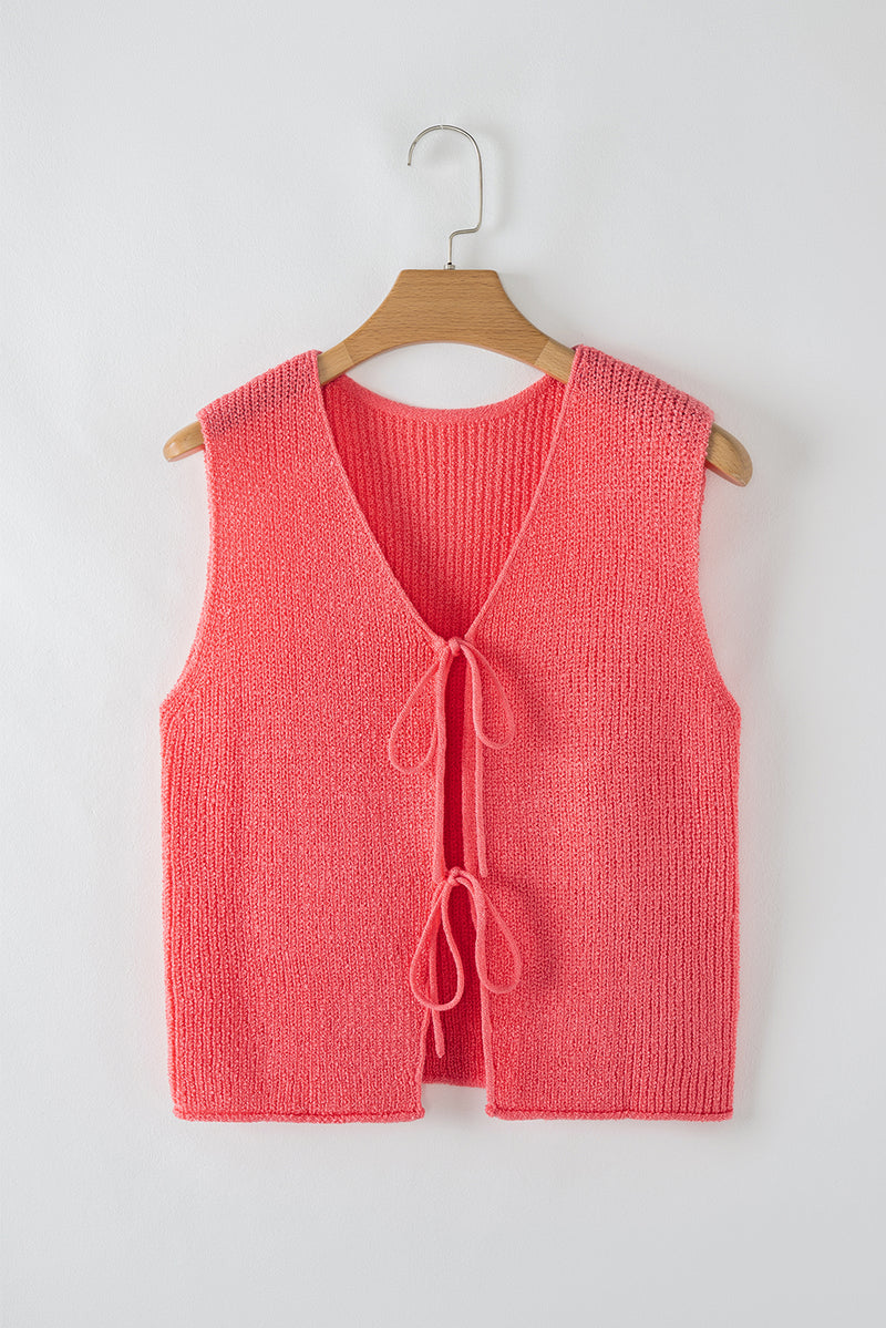 Tomato Red Lace-up Front V Neck Sweater Vest