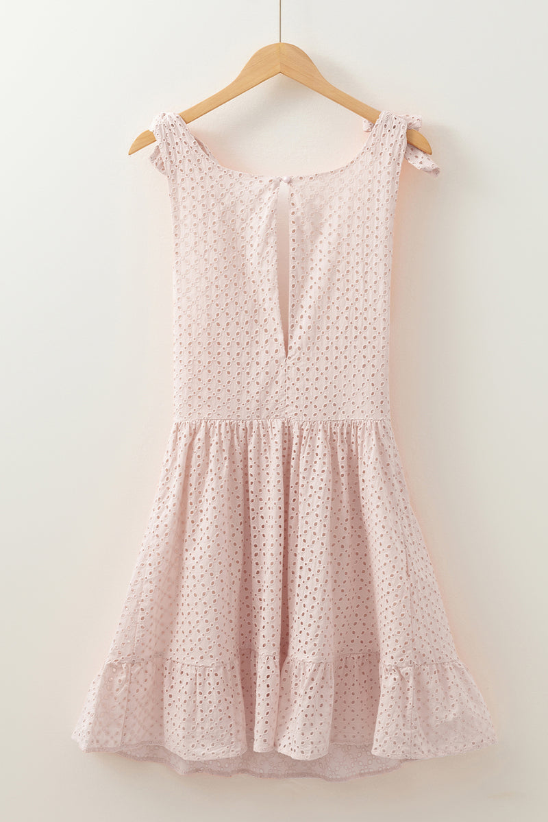 Delicacy Embroidered Eyelets Ruffled Hem Sleeveless Mini Dress