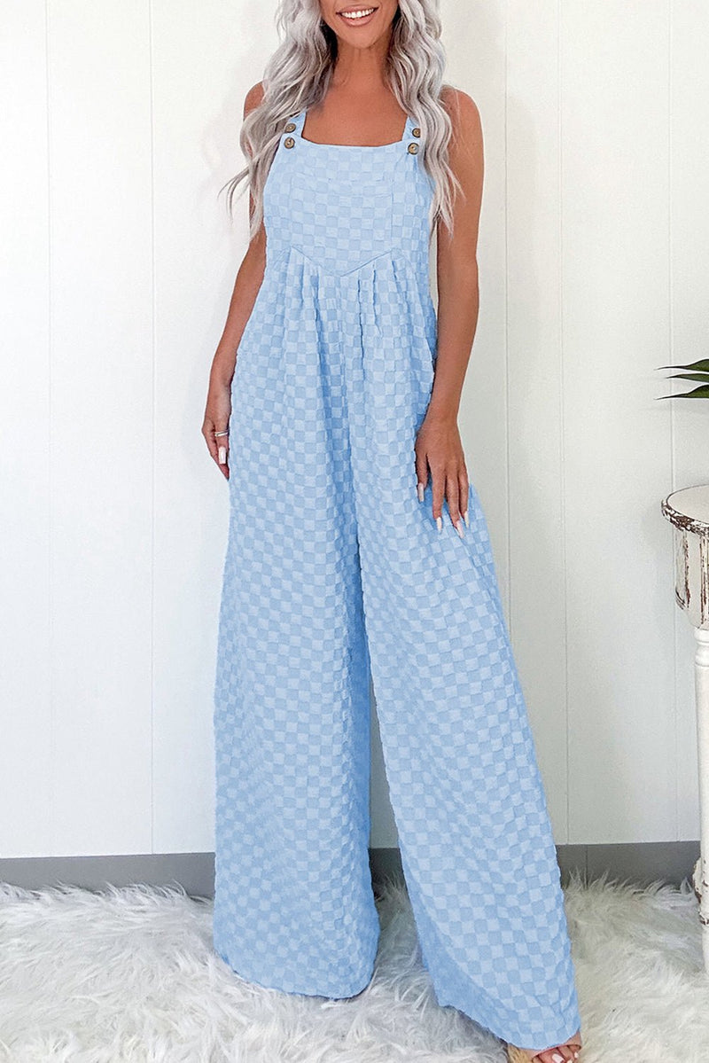 Beau Blue Checkered Pocketed High Waist Wide Leg Overall - Haven of Happiness