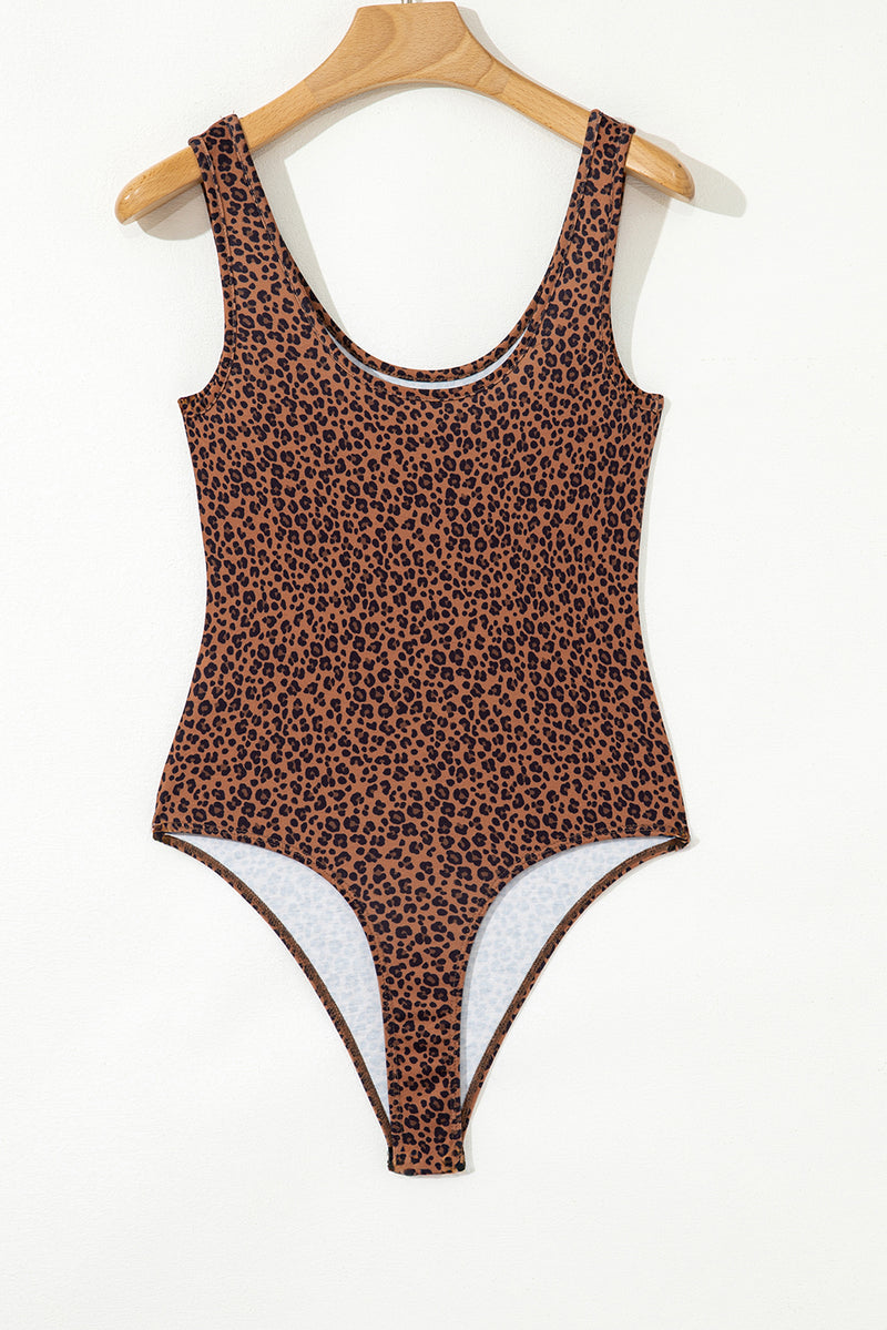 Brown Leopard Printed Sleeveless Scoop Neck Bodysuit