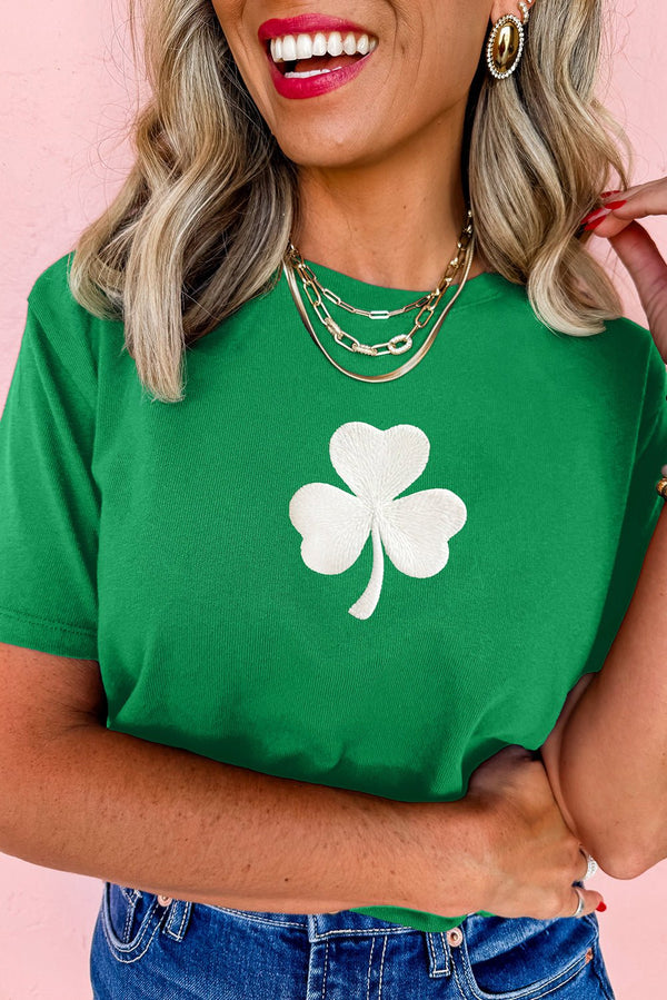 Bright Green Embroidered Clover Pattern St Patrick Tee - Haven of Happiness