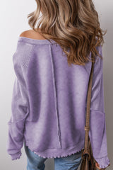 Orchid Petal Solid Waffle Knit Patchwork Raglan Sleeve Sweatshirt - Haven of Happiness