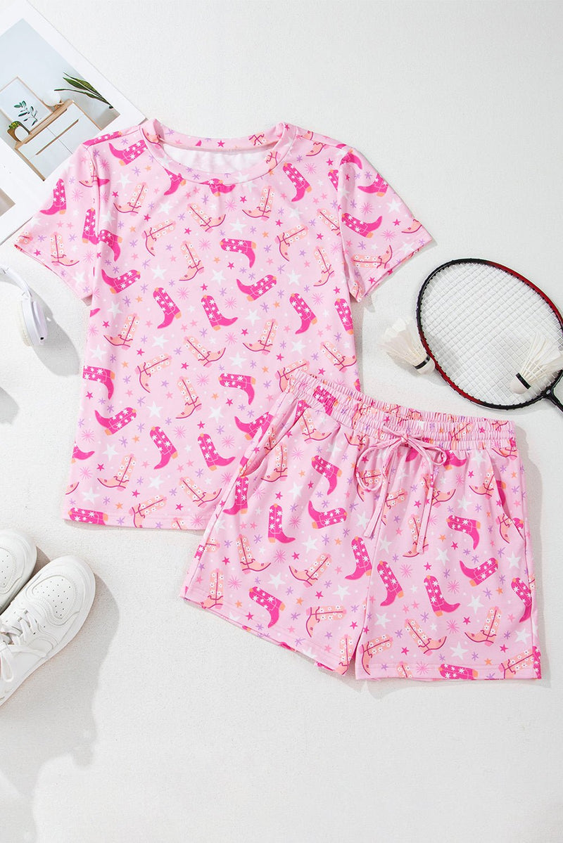 Pink Western Boots Printed Short 2pcs Lounge Set - Haven of Happiness