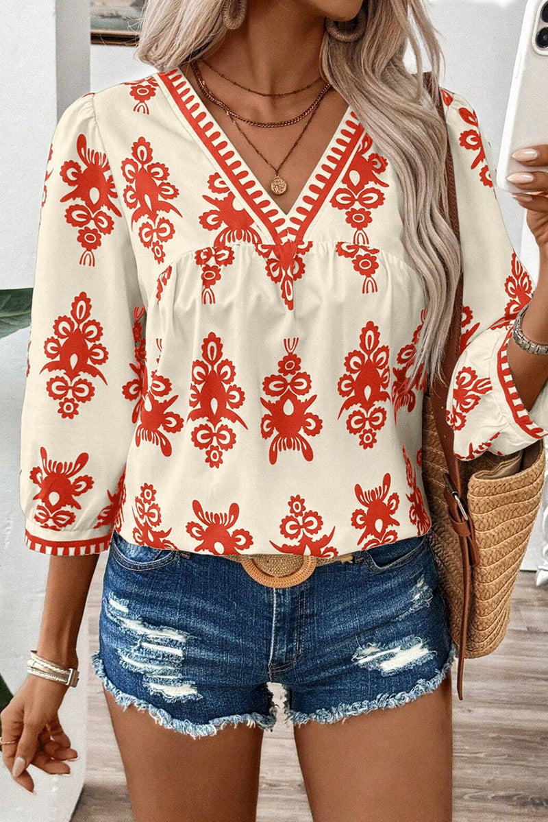 Orange Vintage Geometric Printed 3/4 Sleeve V Neck Blouse - Haven of Happiness