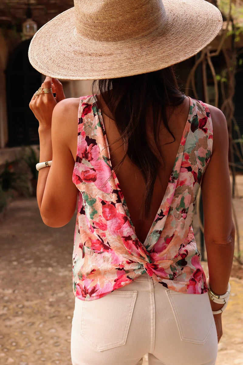 Pink Floral Round Neck Twisted Cut Out Back Tank Top - Haven of Happiness