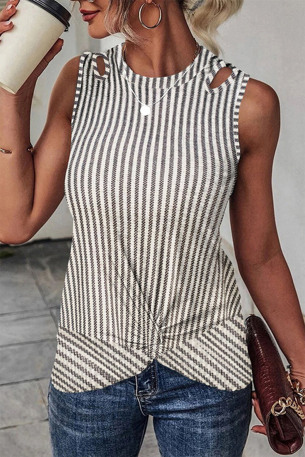 Gray Striped Cutout Twist Front Tank Top - Haven of Happiness