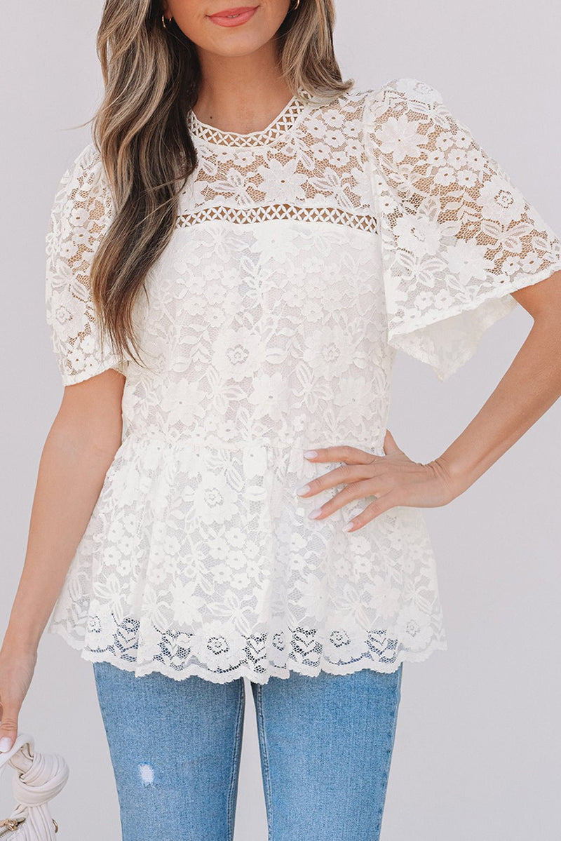 White Short Sleeve Scalloped Floral Lace Peplum Blouse - Haven of Happiness