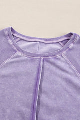 Orchid Petal Solid Waffle Knit Patchwork Raglan Sleeve Sweatshirt - Haven of Happiness