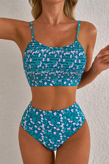 Blue Floral Print Smocked Cute Bikini Set