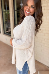 White Waffle Knit Side Slits Loose Fit V Neck Top - Haven of Happiness