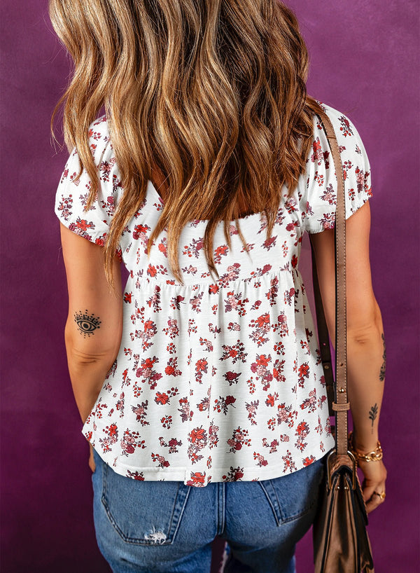 White Boho Floral Ruched Cinched Short Sleeve Blouse - Haven of Happiness